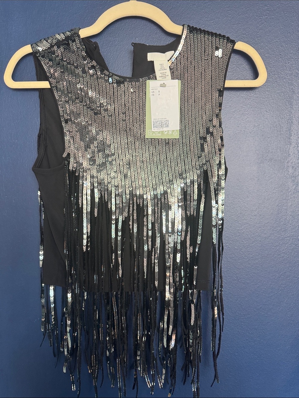 H&M Black Silver Sequin Fringe Tank Top- size Small
